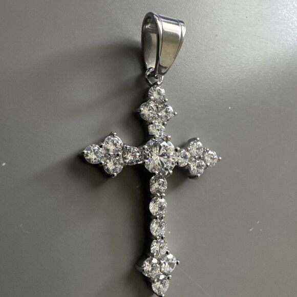 Cubic Zirconia Stainless Steel Cross Pendant Viking Gift Trendy 24” Necklace - Picture 2 of 6